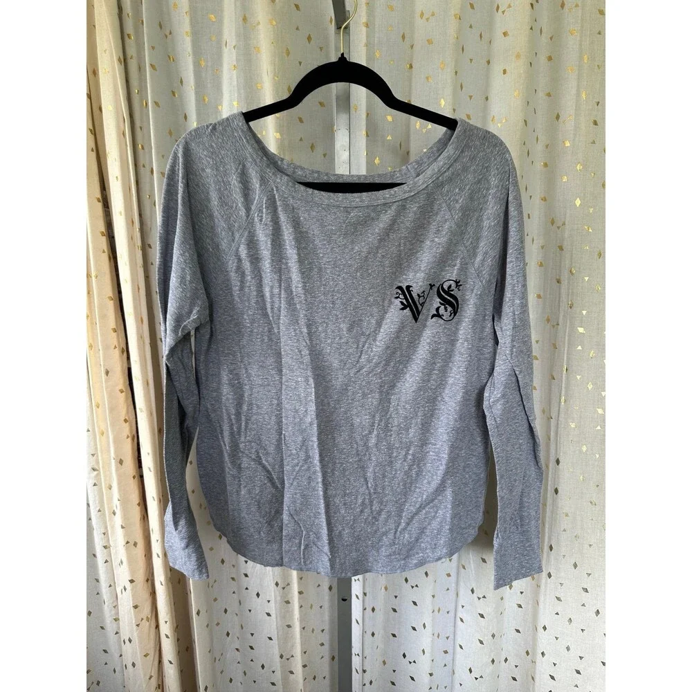 Victoria's Secret Women's Heather Gray Velvet Logo Long Sleeve Sleep Shirt M